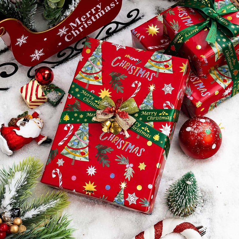 Yarcony Vinage Christmas Wrapping Paper Roll, Red Wrapping Paper, Gold Foil Elegant Deep Red Christmas Tree Theme Festive Holiday Gift Wrap for Winter Celebrations, Seasonal Decor(17Inch x 33Feet) - Image 4